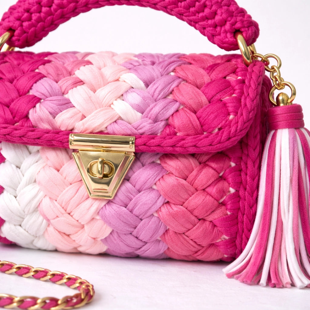Pink Multi-Tone Woven Handbag for Women