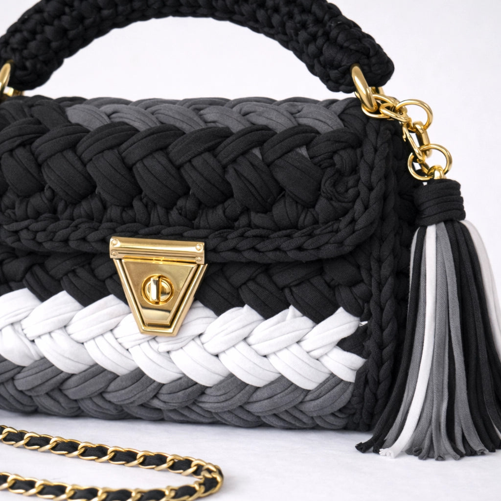 Black, White & Grey Woven Handbag for Women