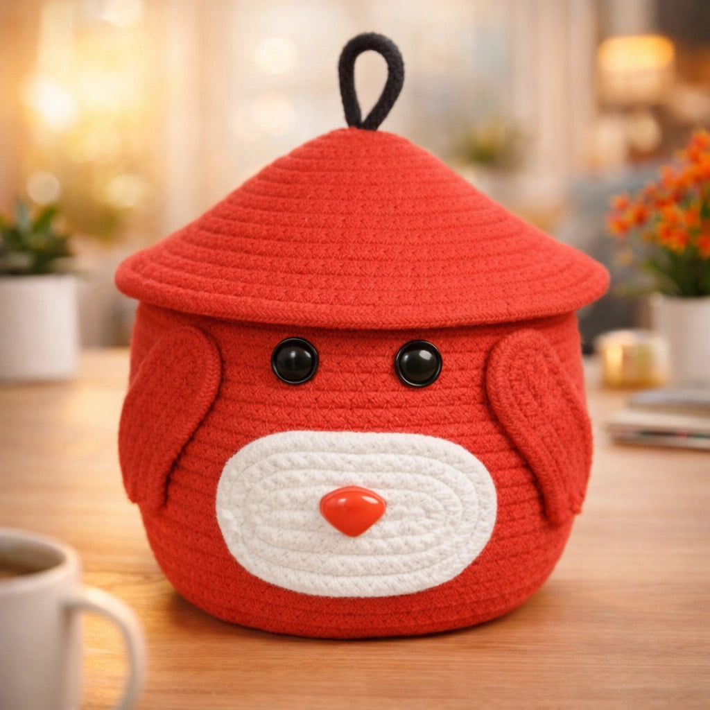 Bear-Shaped Handwoven Storage Basket (Red)