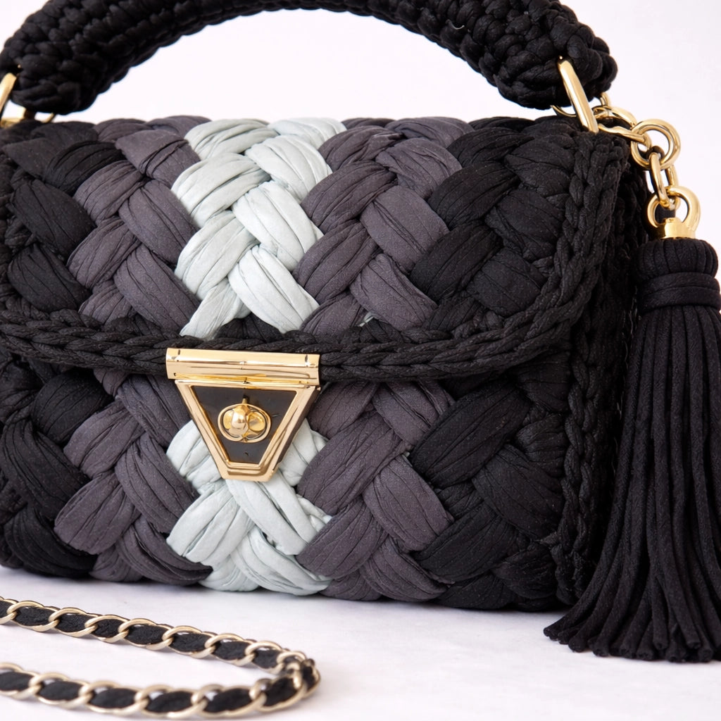 Black & Grey Woven Handbag for Women