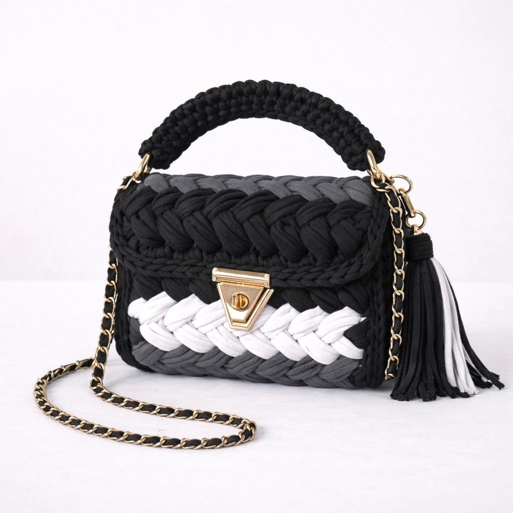Black, White & Grey Woven Handbag for Women