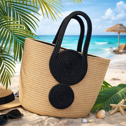 Natural Straw Tote Bag with Black Braided Handles