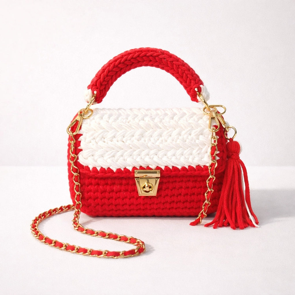 Red & White Woven Handbag for Women