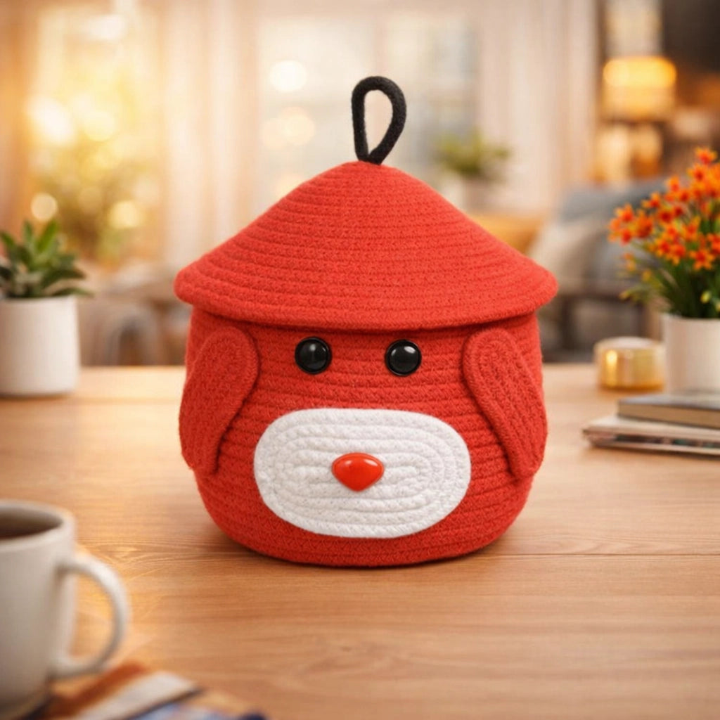 Bear-Shaped Handwoven Storage Basket (Red)
