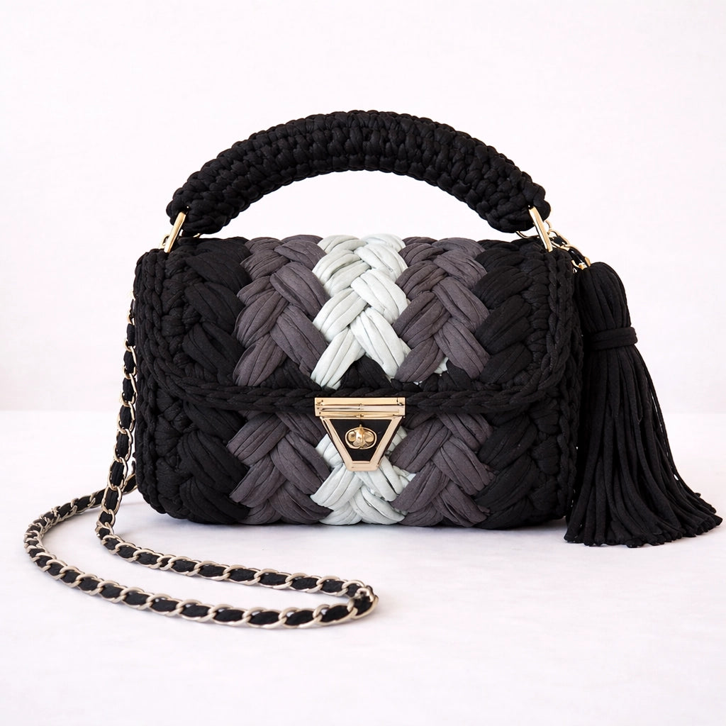 Black & Grey Woven Handbag for Women