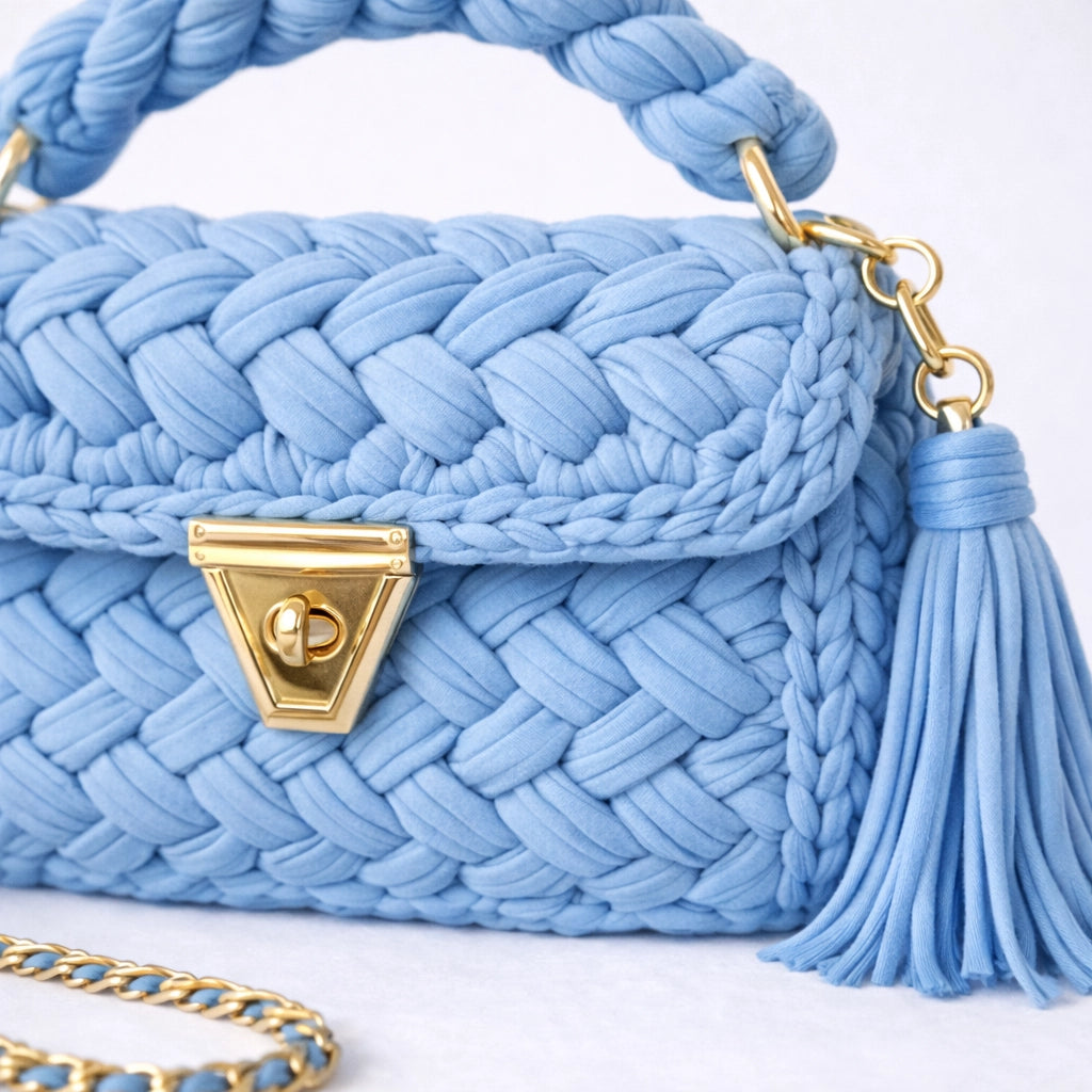 LIght Blue Woven Handbag for Women