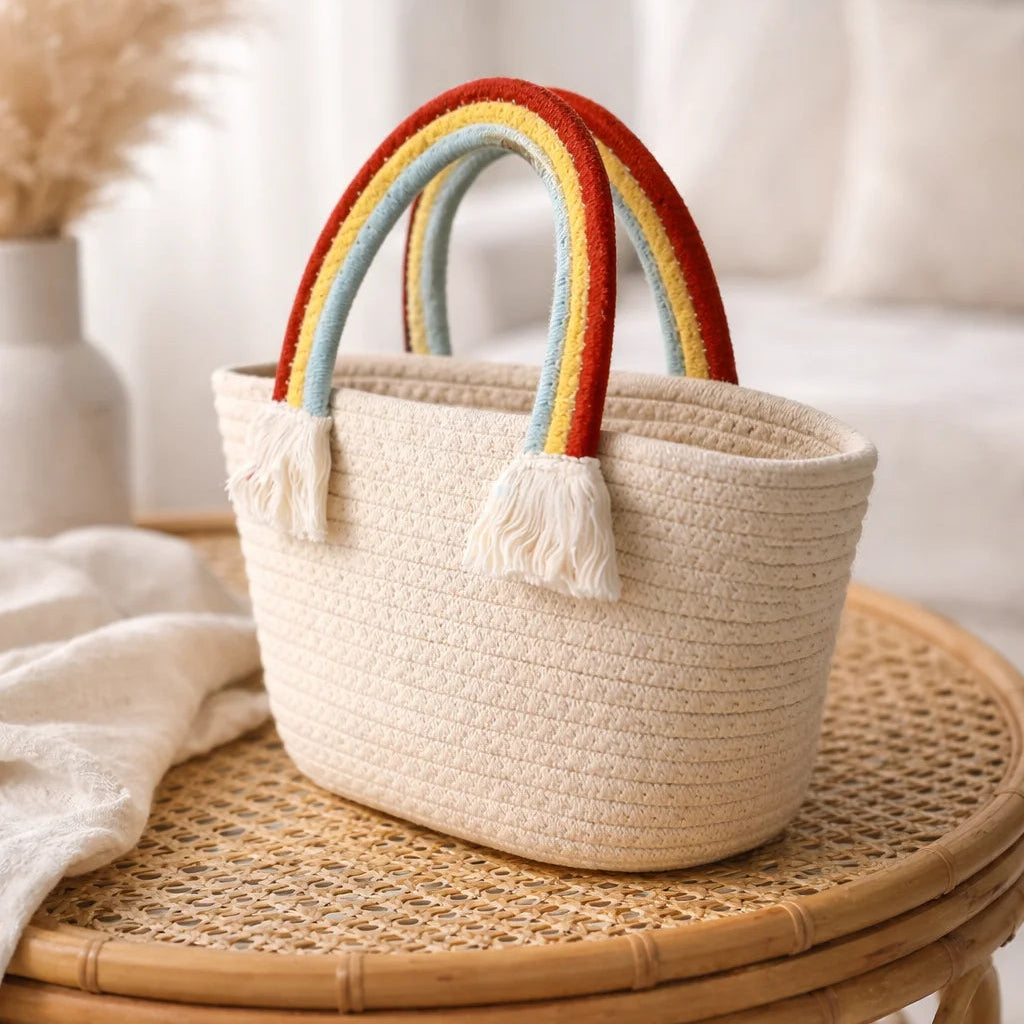 Rainbow Handle Rope Basket Bag